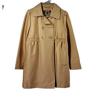 VTG  Trench Rain Coat Double Breasted Size L Camel Tan 4 Pockets Lined Y2K Retro